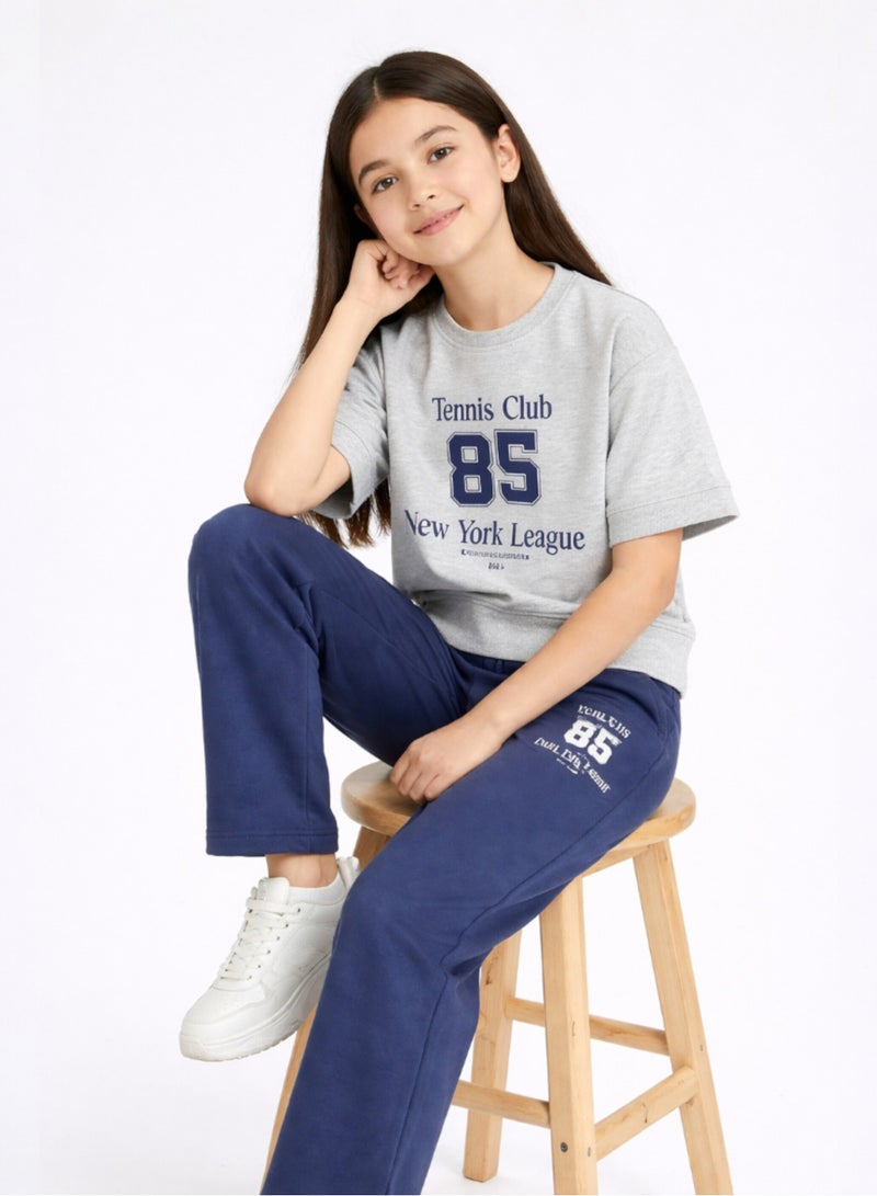 victor and jane Girls 2 Pc Set Tennis Club Print T-Shirt & Pants Set – Grey & Navy - Image 5